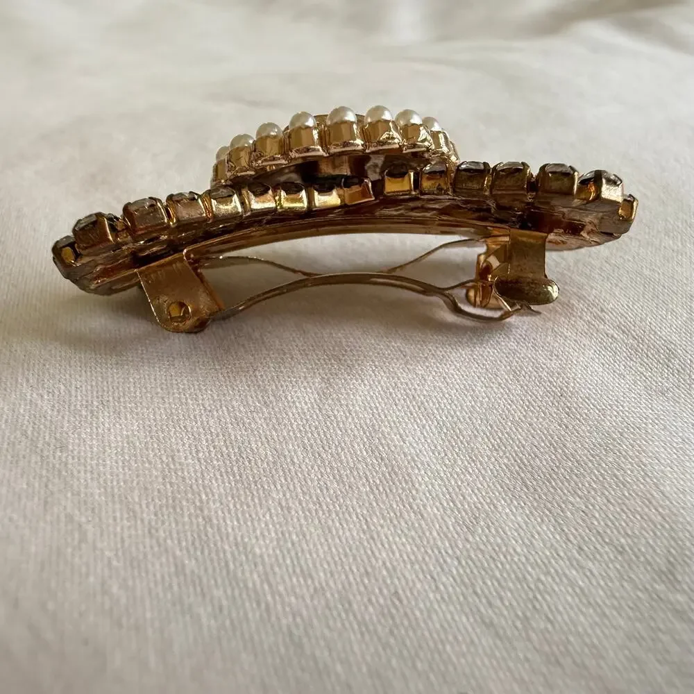 Repurposed Chanel Button Crystal Bow Barrette Faux Pearls & Rhinestones in Gold